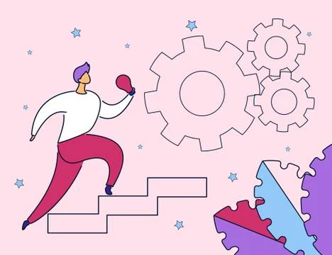 Modern flat cartoon character run upstairs with thought bulb-idea creation,ma Stock Illustration