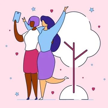 Modern flat cartoon characters express emotions on selfie camera,doing self p Stock Illustration