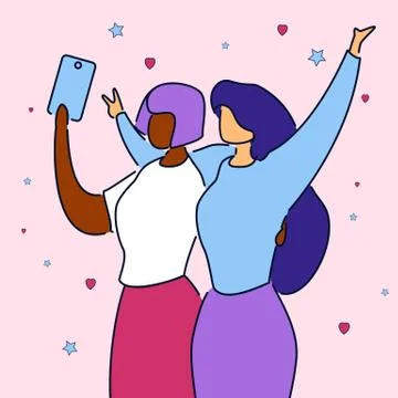 Modern flat cartoon characters express emotions on selfie camera,doing self p Stock Illustration