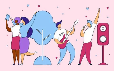 Modern flat cartoon characters express emotions on selfie camera,doing self p Stock Illustration