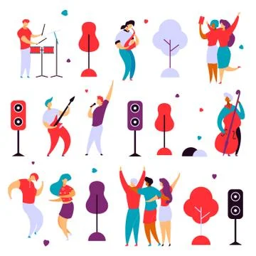 Modern flat cartoon characters set for jazz,rock music fest concept-singer,mu Stock Illustration