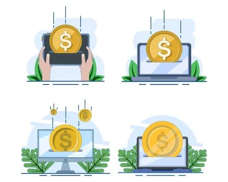 Modern flat cartoon vector illustration set featuring digital money Stock Illustration