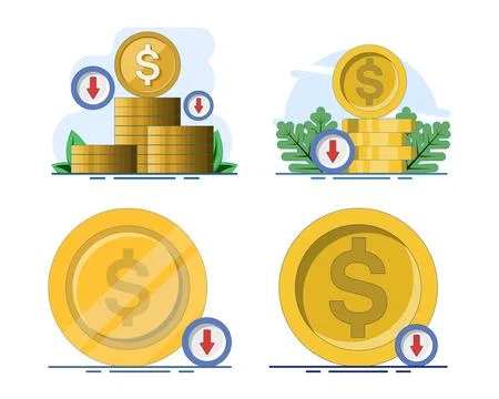 Modern flat cartoon vector illustration set featuring falling coins, lower rates Stock Illustration
