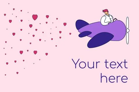 Modern flat character cartoon pilot fly plane,dropping heart icons-Valentine  Stock Illustration