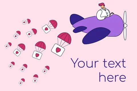 Modern flat character cartoon pilot fly plane,drop parachutes heart icons-Val Stock-Illustration