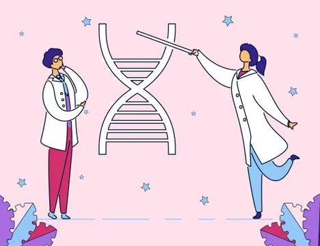 Modern flat characters building dna chain,genetics concept.Hand drawn Flat st Stock Illustration