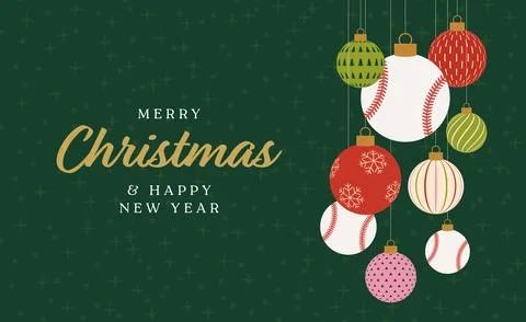 Modern Flat Christmas Ornaments Featuring Baseball Designs Hanging on a Sta.. Stock Illustration