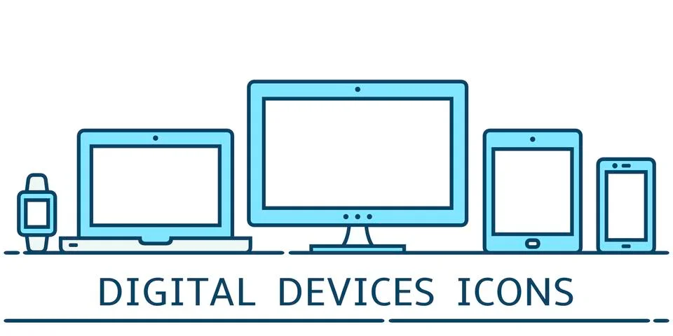 Modern flat color line responsive web design icons: computer screen, laptop,  Stock Illustration