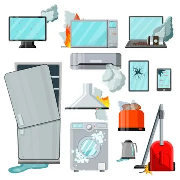 Modern flat consumer electronics home appliances with different damages,vecto Stock Illustration
