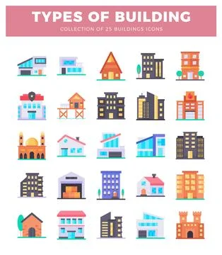 Modern flat design building icons. Various architectural styles and types. Ilustração Stock