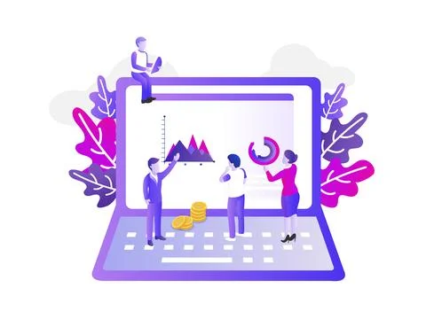 Modern flat design with a group of miniature business people analyse data t.. 스톡 일러스트