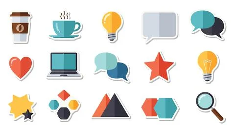 Modern flat design stickers featuring technology coffee and business concepts イラスト素材