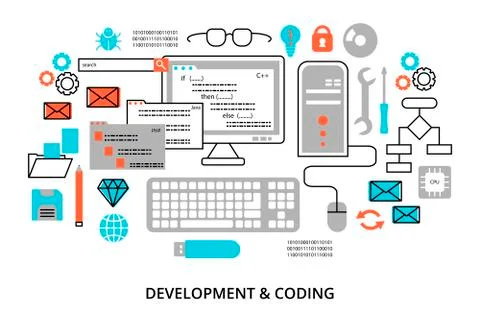 Modern flat editable line design vector illustration, concept of programming Illustrazione stock