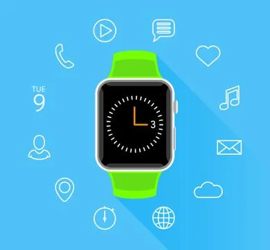 Modern flat green smartwatch with app icons on blue background Stock Illustration