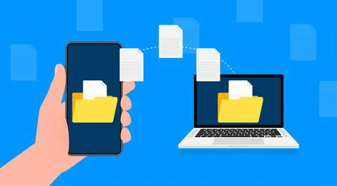 Modern flat icon with file transfer on blue background. Document icon vector. Stock Illustration