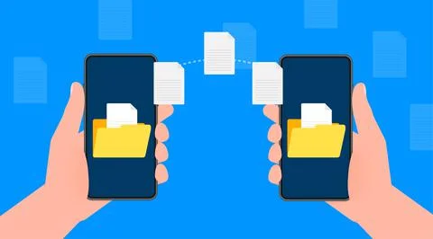 Modern flat icon with file transfer from smartphone to smartphone on blue bac Illustrazione stock
