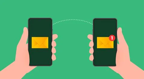 Modern flat icon with file transfer from smartphone to smartphone on green ba 스톡 일러스트