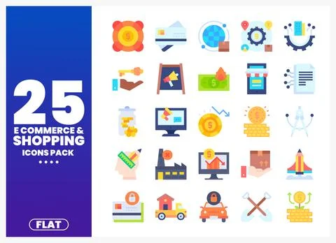 A modern flat icon set featuring commerce and shopping elements on a white .. Stock Illustration