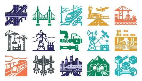 Modern flat icon set of transportation and city infrastructure elements Illustration