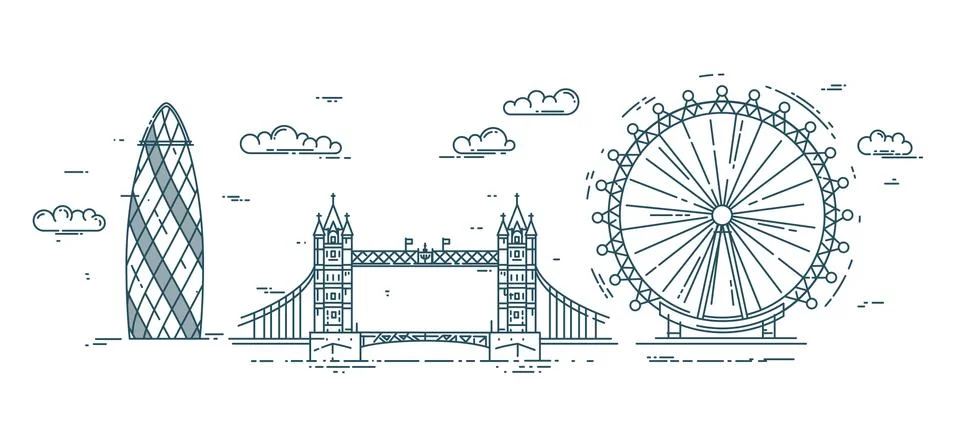 Modern flat line vector illustration with London landmarks Stock Illustration