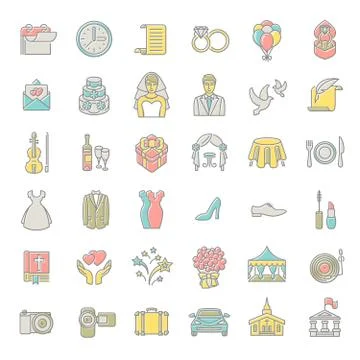 Modern flat linear colorful vector wedding icons Stock Illustration