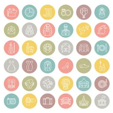 Modern flat linear round vector wedding icons Stock Illustration