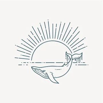 Modern flat linear vector illustration with Whale and sunrise Stock Illustration
