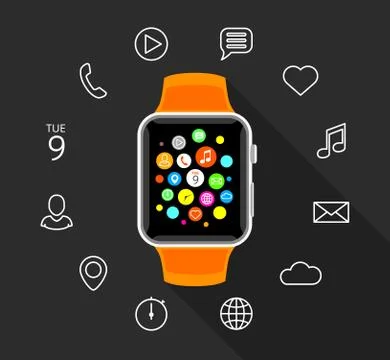Modern flat orange smartwatch with app icons on grey background Stock Illustration