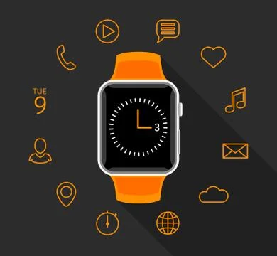 Modern flat orange smartwatch with app icons on grey background Stock Illustration