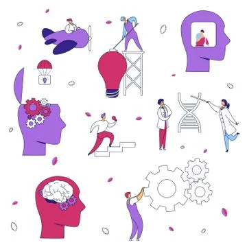 Modern flat outline characters brain neurology psychology concept.Hand drawn  Stock Illustration