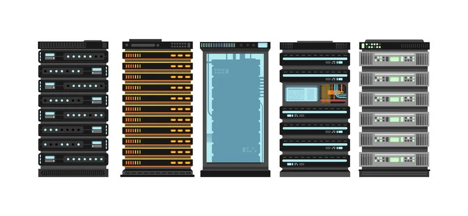 Modern flat server racks. Computer processor servers for server room. Vector set 스톡 일러스트