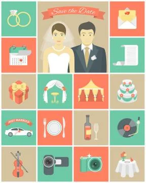 Modern flat square wedding icons Illustrazione stock