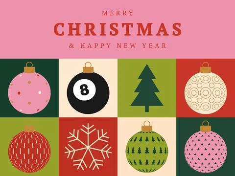 Modern Flat Style Christmas and New Year Card with Unique 8-Ball Ornament a.. Stock Illustration