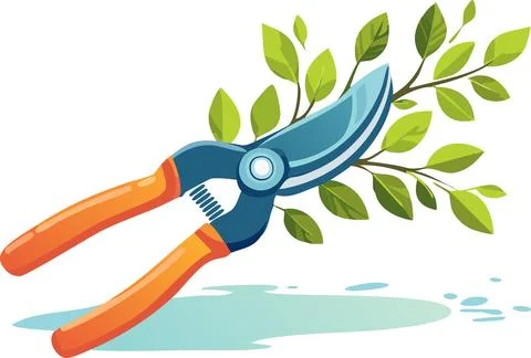 Modern flat-style pruning shears with orange handles cutting green plant br.. Stock Illustration