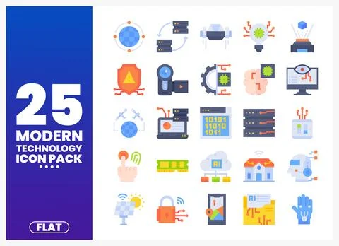 Modern flat technology icons on a blue background with a purple gradient Stock Illustration