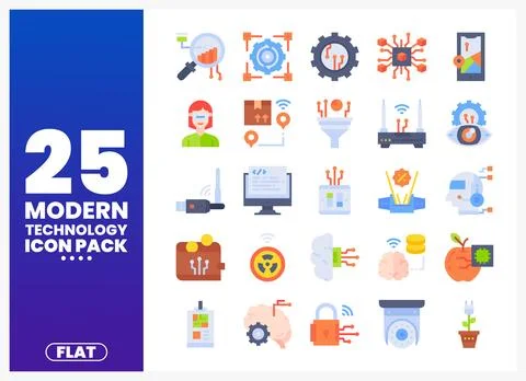 Modern flat technology icons for digital innovation. Various icons on a whi.. Illustrazione stock