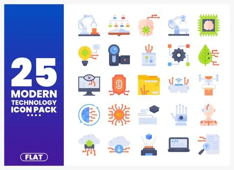 Modern flat technology icons. Diverse icons featuring AI. robotics. and dat.. Ilustração Stock