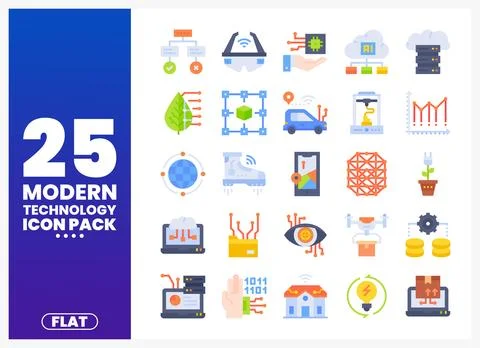 Modern flat technology icons showcasing AI. IoT. and digital concepts Stock Illustration