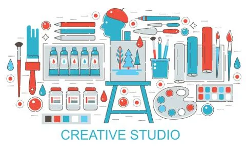 Modern Flat thin Line design Creative or painter art web studio concept for web Stock Illustration