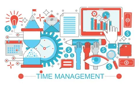 Modern Flat thin Line design Time management concept for web banner website Illustrazione stock