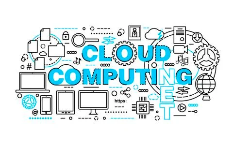 Modern flat thin line design vector illustration, concept of cloud computing Stock Illustration