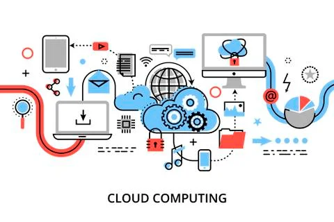 Modern flat thin line design vector illustration, concept of cloud computing Stock Illustration