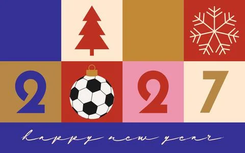 Modern flat vector Happy New Year 2027 card with soccer ball ornament and f.. Stock Illustration