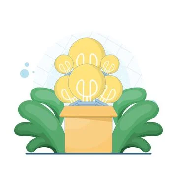 Modern flat vector illustration of cardboard box filled with light bulbs Stock Illustration