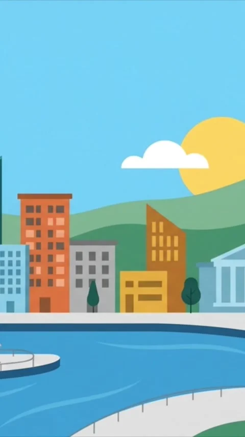 Modern Flat Vector Illustration of a City Skyline with River Stock Footage 341748376