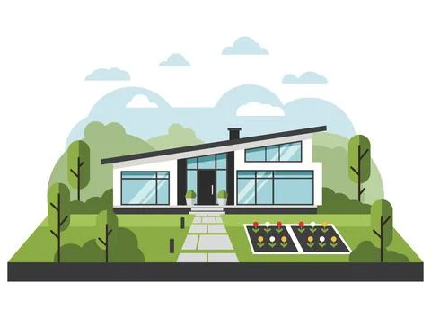 Modern flat vector illustration of a contemporary suburban house featuring .. Ilustração Stock
