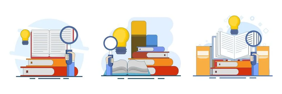 Modern flat vector illustration set featuring books, library references Stock Illustration