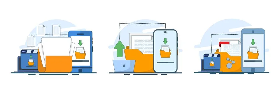 Modern flat vector illustration set featuring file sharing, data transfer. Stock Illustration