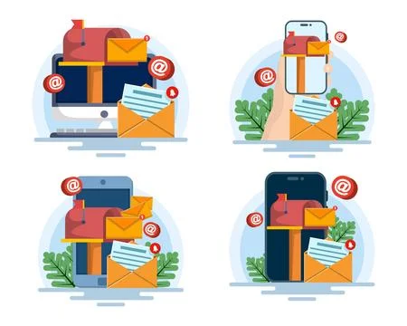 Modern flat vector illustration set featuring email messaging, using smartphone. Stock Illustration
