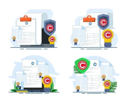 Modern flat vector illustration set depicting intellectual property, trademarks. Stock Illustration